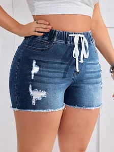 Pantaloncini di jeans da donna a vita alta con coulisse elastica e orlo sfrangiato blu