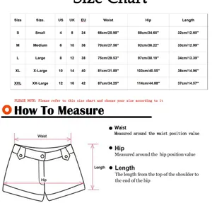 Gedetailleerde maattabel voor denim shorts met hoge taille van S tot XXL met maten in CM