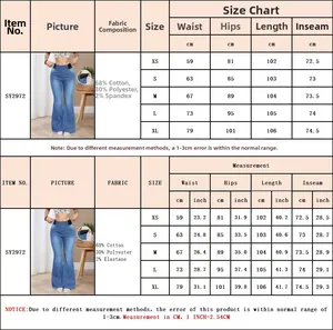 Detailed size chart for high waisted flare jeans showing measurements and fabric composition