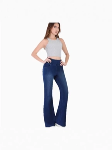 Women's high waist flared jeans in dark blue wash with elastic waistband and slim fit