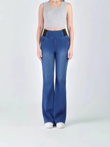 Women high waisted flare jeans in dark blue denim with elastic black waistband