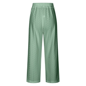 Close-up of mint green high-waisted wide leg trousers featuring eyelet embroidery details