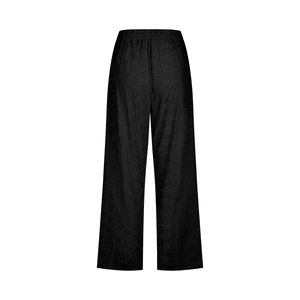 Back view of black wide-leg trousers with elastic waist and smooth fabric texture