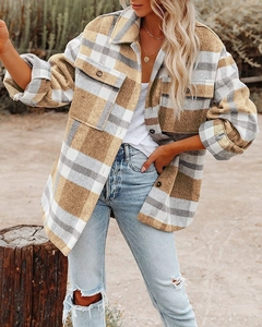 Damen Flanell Hemdjacke mit Knöpfen im braun-grauen Karomuster für den Herbst