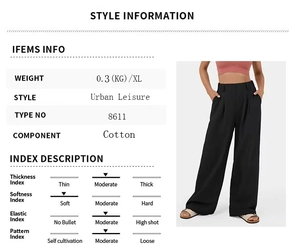 Dettaglio dei pantaloni a gamba larga a vita alta con specifiche del tessuto e stile casual