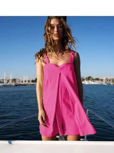 Women's Casual Summer Square Neck Wide Strap Romper Solid Color Loose Pleated Jumpsuit Short Beach Vacation Party Outfit