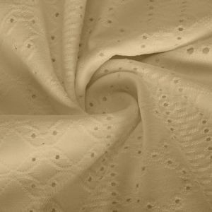 Macro detail of breathable beige eyelet lace fabric with delicate embroidery patterns