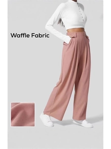 Pantaloni da Donna a Gamba Larga a Vita Alta in Tessuto a Nido d'Ape Plissettati Casual Eleganti per Ufficio Moda Tinta Unita