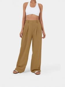 Pantaloni da donna kaki a vita alta con gamba larga e pieghe anteriori drappeggiate