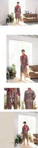 Detailed close-up of men's silk satin bathrobe with geometric patterns and 95% polyester