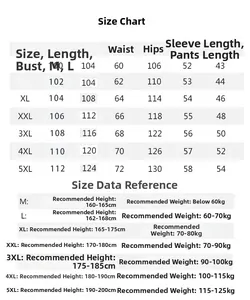 Detailed size chart for men's silk pajama sets ranging from M to 5XL with measurements