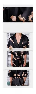 Detail of premium black silk-satin robe featuring intricate golden dragon print and texture