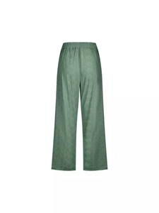 Sage green high-waisted wide-leg pants with elastic drawstring and geometric jacquard texture