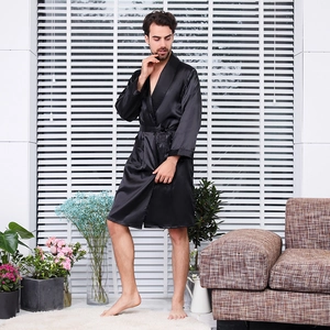 Men's luxury black silk satin bathrobe with long sleeves and classic tie waist