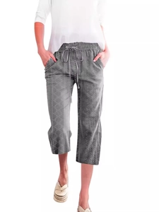 Women's grey printed capris with elastic drawstring waist and side pockets for casual wear