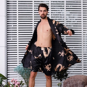 Herren Drachenmuster Satin Schlafanzug Set Lässig Oberteil Und Hose Polyester Sommer Loungewear Bademantel Nachtwäsche Set