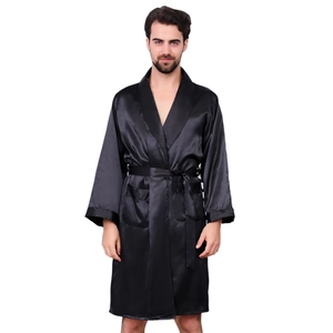 Men's black satin silk robe with shawl collar and waist belt for summer lounging wear