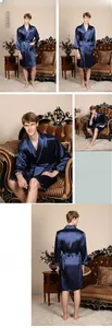 Detailed views of dark blue satin robe with white piping and shawl collar details