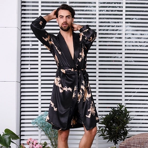 Men's Satin Dragon Print Sleepwear Robe With Belt Long Sleeve Kimono Style Comfortable Home Lounge Wear Nightgown