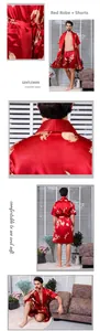 Close-up of men's red silk satin robe set featuring gold dragon pattern and kimono collar