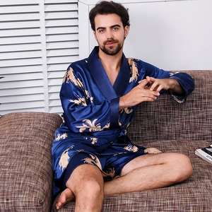 Herren-Schlafanzug-Set aus blauer Seide mit Golddrachen-Stickerei und Shorts für zu Hause