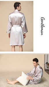 Front and back view of a men's silver satin robe with elegant lapels and belt