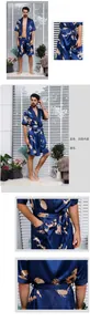 Detail view of men's silk satin navy bathrobe set with dragon print and waist belt