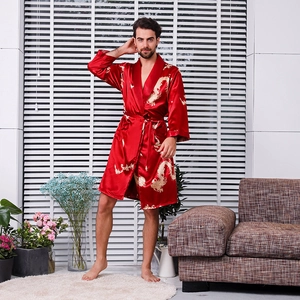Men's red silk satin bathrobe with golden dragon embroidery and waist belt tie
