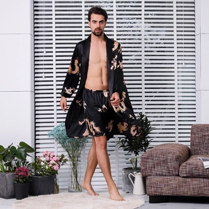 Men's black silk-like long sleeve bathrobe set with gold dragon print and matching shorts
