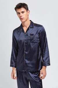 Men's dark blue silk pajamas set with gold polka dots, long sleeves and button-down shirt