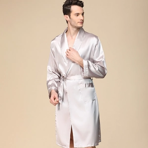 Men's Satin Nightrobe Long Sleeve Bathrobe With Waist Belt Pockets Solid Color Casual Loungewear Luxurious Pajamas For Men