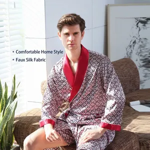Men's Satin Bathrobe And Shorts Top And Bottom Set Printed Silky Pajamas Homewear Nightgown Bath Robe For Men