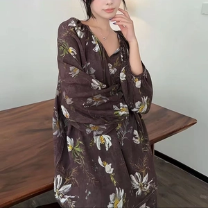 Women Casual Printed Loungewear Top And Pants Thin Breathable Rayon Sleepwear Vintage Floral Pattern Comfortable Home Clothing
