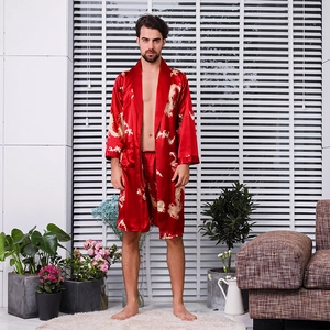 Men's red satin silk bathrobe and shorts set with golden dragon patterns for lounge