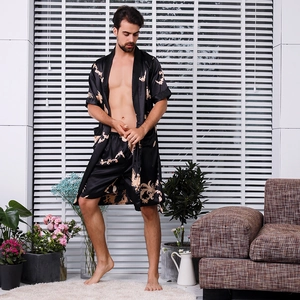 Men Satin Dragon Print Bathrobe Two Piece Set Polyester Thin Short Sleeve Top And Bottom Plus Size Loungewear Nightwear