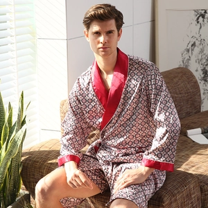Men's burgundy silk satin bathrobe set with geometric patterns and matching shorts