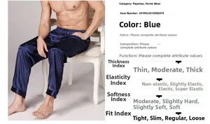 Detailed view of men's blue satin pajama pants with elastic waistband and silky texture