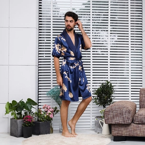 Men's dark blue satin silk bathrobe with gold traditional patterns and short sleeves