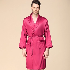 Men's silk satin bathrobe in rose red, classic shawl collar with belt and pockets
