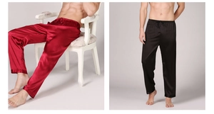 Detailed look at smooth satin men's pajama pants with drawstring waist in burgundy and black
