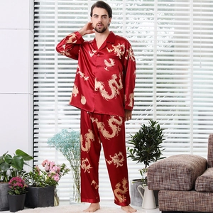 Men's red faux silk pajamas set with golden dragon print and long sleeves