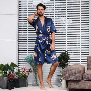 Men's luxury dark blue silk bathrobe with gold bird pattern and short sleeves