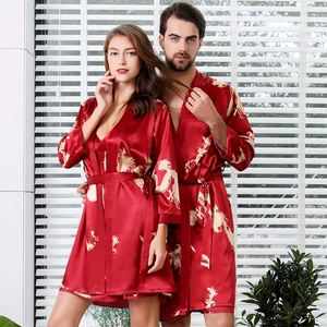Couple Satin Pajamas Chinese Dragon Print Bathrobe For Women Nightdress And Men Shorts Long Sleeve Robe Nightgown