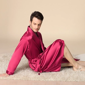 Luxurious men's burgundy satin robe with long sleeves and belted waist for loungewear