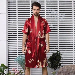 Men's silk satin bathrobe set in deep red with golden dragon embroidery and short sleeves