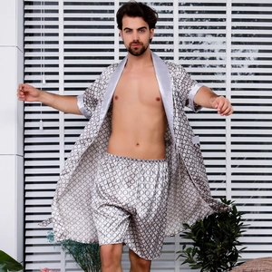 Men's two-piece silk satin bathrobe set in silver grey with geometric ring patterns
