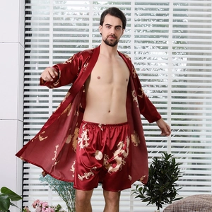 Red silk satin men's dragon print bathrobe and shorts set in a traditional Chinese style