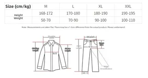 Size chart for men's pajama set showing measurements for heights 168cm to 195cm
