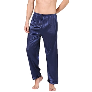 Men's navy blue silk satin lounge pants with adjustable drawstring waist for home wear