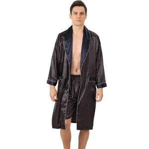 Men's silk satin bathrobe set with gold polka dots and matching shorts in navy blue